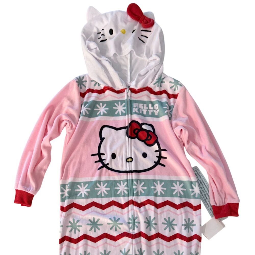 Hello Kitty Girl's Holiday Soft Velour Fleece Hooded Pajama Sleeper Suit Size XS